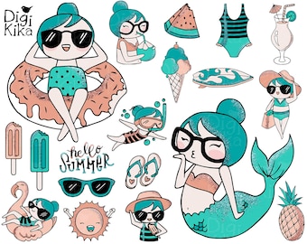 Summer Planner Girl Clipart - Digital Graphics - Planner Stickers, Planner Clipart, scrapbook, card design, invitations, paper craft