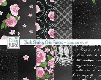 Chalkboard Shabby Chic Digital Papers, Chalk Shabby Chic Scrapbook Paper - Chalk Wedding Papers - Floral Chalk Background - INSTANT DOWNLOAD