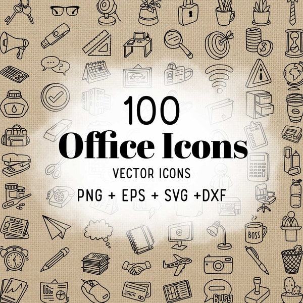 100 Office Icons Stamp Bundle - Business Icons Clipart - Digital Stamp - Doodle Icon, planner sticker, scrapbook, craft, planner clipart