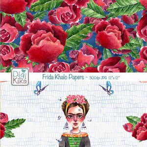 Fridas Watercolor Digital Papers, Fridas Watercolor Scrapbook Paper, Painter Papers, Butterfly, Roses, Wreath, Planner Supplies image 3