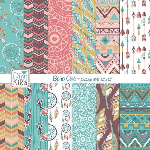 Boho Chic Digital Papers, Tribal Roses Scrapbook Paper - Boho Style Papers - Etnische achtergrond - Hippie Papers - INSTANT DOWNLOAD