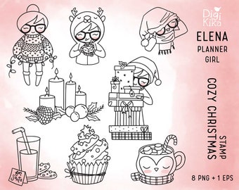 Elena Planner Girl - Cozy Christmas Clipart  -  Holidays Digital Stamp - Character clipart, scrapbook, craft, planner clipart, coloring