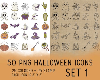 50 Halloween Icons Set 1 - Icons Clipart -  Spooky Icons Digital Stamp - Icons for  Planner Sticker, scrapbook, craft, planner clipart