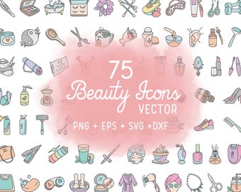 75 Beauty Color Icons Vector - Self Care Icons Clipart - Work digital sticker, Chores Icons, planner, scrapbook, craft, planner clipart