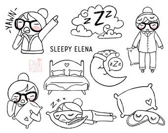 Elena Planner Girl - Sleepy Clipart - Sleep In Digital Stamp - Character Planner Stickers, scrapbook, invitation, crafts, planner clipart