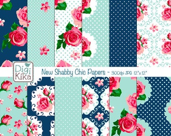 New Shabby Chic Digital Papers, Navy Shabby Chic Scrapbook Papers - card design, invitations, background - INSTANT DOWNLOAD