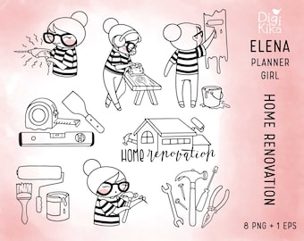 Elena Planner Girl - Home Renovation Clipart  -  DIY Renovation Digital Stamp - Character Planner Sticker, scrapbook, craft, planner clipart