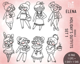 Elena Planner Girl - Holiday's Outfits Clipart SET 1 -  Fashion Digital Stamp - Character Planner Sticker, scrapbook, craft, planner clipart