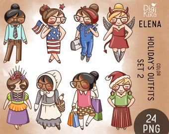 Elena Planner Girl - Holiday's Outfits Clipart SET 2 -  Fashion Digital Stamp - Character Planner Sticker, scrapbook, craft, planner clipart
