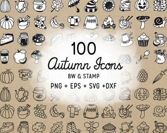 100 Autumn Stamp Icons Bundle - Fall Icons Clipart - Digital Stamp - Doodle Icons, planner sticker, scrapbook, craft, planner clipart