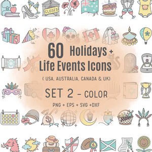 60 Holidays & Life Events Color Icons Clipart set 2 - USA, Aus, Can, UK Digital Stamp - Planner Sticker Art, graphic, craft, planner clipart