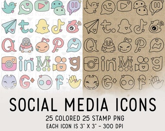50 Social Media Icons PNG - Icons Clipart -  Icons Digital Stamp - Icons for  Planner Sticker, scrapbook, craft, planner clipart