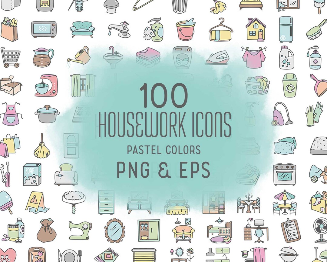 100 Housework Color Icons Vector - Pastel Icons Clipart - Cleaning ...