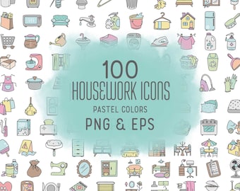 100 Housework Color Icons Vector - Pastel Icons Clipart - Cleaning digital sticker, Chores Icons, planner, scrapbook, craft, planner clipart