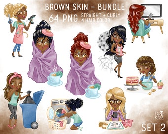 Cute Planner Girl Clipart - Dark Skin Bundle - set2  Graphics - Planner Stickers, scrapbook, card design, invitations, paper craft