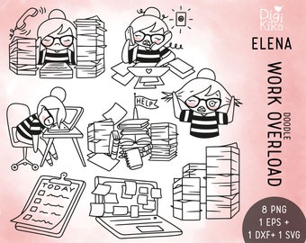 Elena Planner Girl - Work Overload Clipart - Digital Stamp - Character Planner Stickers, scrapbook, invitation, crafts, planner clipart