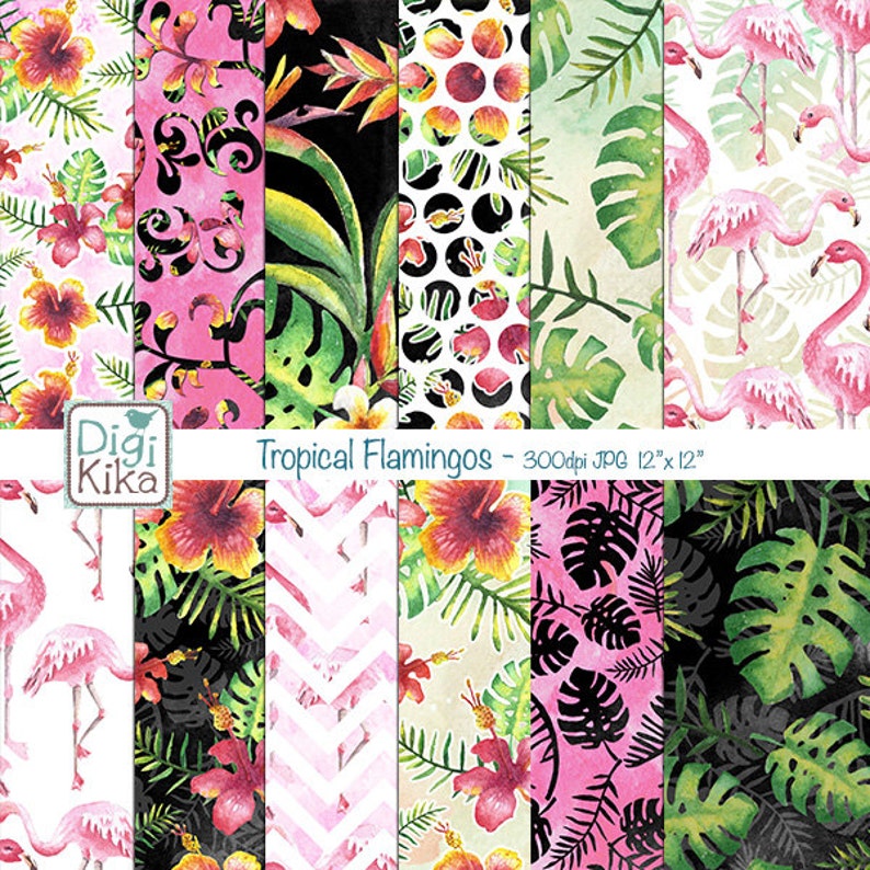 Tropical Flamingos Digital Papers Summer Scrapbook Paper Etsy