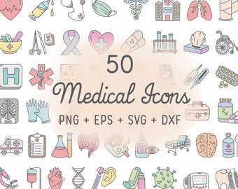 50 Medical Icons Color Bundle - Doctor Time Icons Clipart - Digital Stamp - Doodle Icon, planner sticker, scrapbook, craft, planner clipart