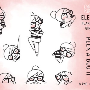 Elena Planer Mädchen - Peek ein Boo Clipart - Peeking digital Stamp - Charakter Sticker, Scrapbook, Handwerk, Planer Clipart