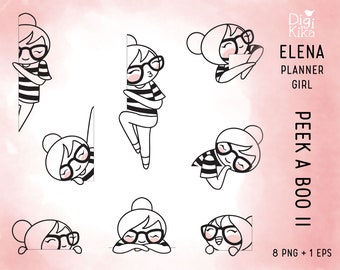 Elena Planner Girl - Peek a Boo Clipart -  Peeking Digital Stamp - Character Planner Sticker, scrapbook, craft, planner clipart