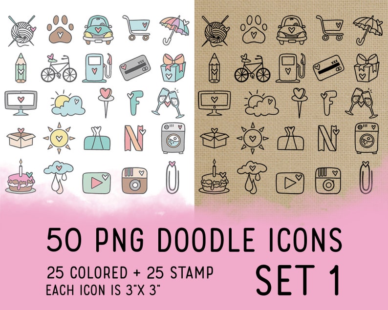 50 Doodle Icons Set 1 Icons Clipart Planner Icons Digital Stamp Icons for Planner Sticker, scrapbook, craft, planner clipart image 1