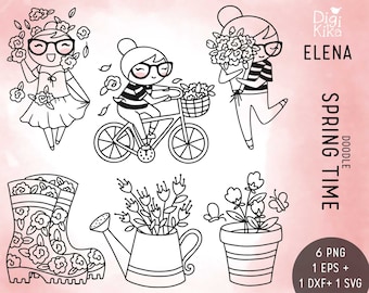 Planner Girl Elena Spring DOODLE Clipart - Coffee Digital Stamp - Planner Stickers, scrapbook , journal, invitation, paper crafts