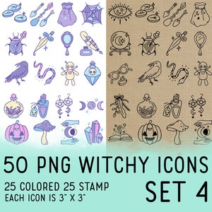 50 Witchy Icons Set 4 - Wicca Icons Clipart -  Mystic Digital - Icons for Planner Sticker, IG Highlight, scrapbook, craft, planner clipart