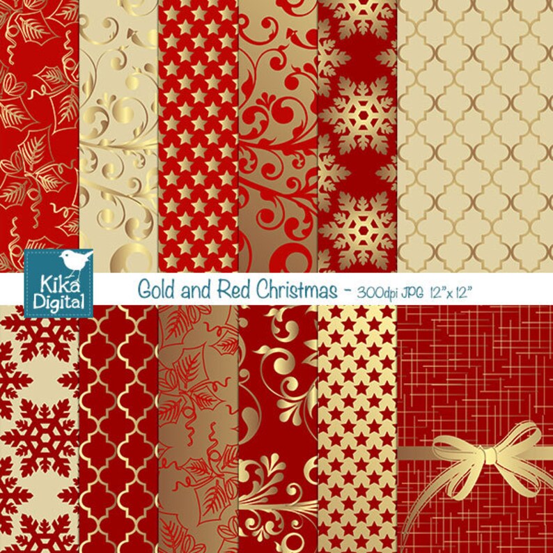 Gold and Red Christmas Digital Papers Scrapbooking Papers | Etsy
