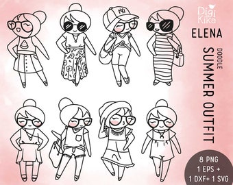 Elena Planner Girl - Summer Outfits Clipart  -  Fashion Digital Stamp - Character Planner Sticker, scrapbook, craft, planner clipart