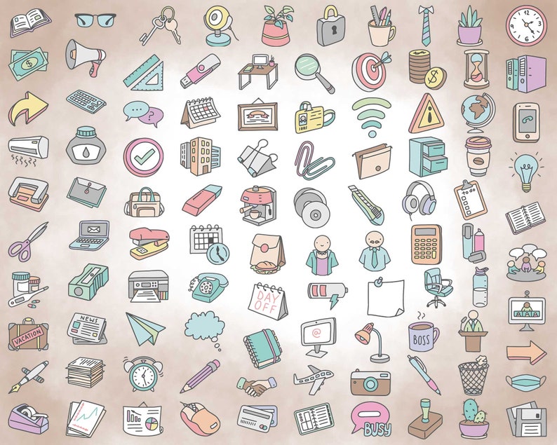 100 Office Color Icons Vector Business Icons Clipart Work digital sticker, Chores Icons, planner, scrapbook, craft, planner clipart image 2