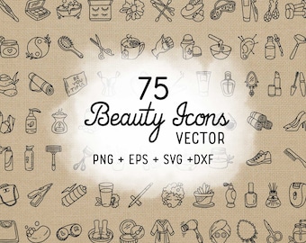 75 Beauty Stamp Icons Vector - Self Care Icons Clipart - Work digital sticker, Chores Icons, planner, scrapbook, craft, planner clipart