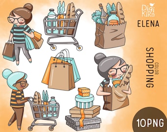 Elena Planner Girl Shopping Color Clipart - Cute Character Planner Stickers, scrapbook , card design, invitations, paper crafts, web design