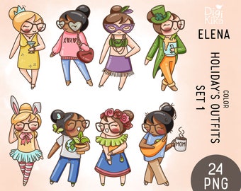 Elena Planner Girl - Holiday's Outfits Clipart SET 1 -  Fashion Digital Stamp - Character Planner Sticker, scrapbook, craft, planner clipart