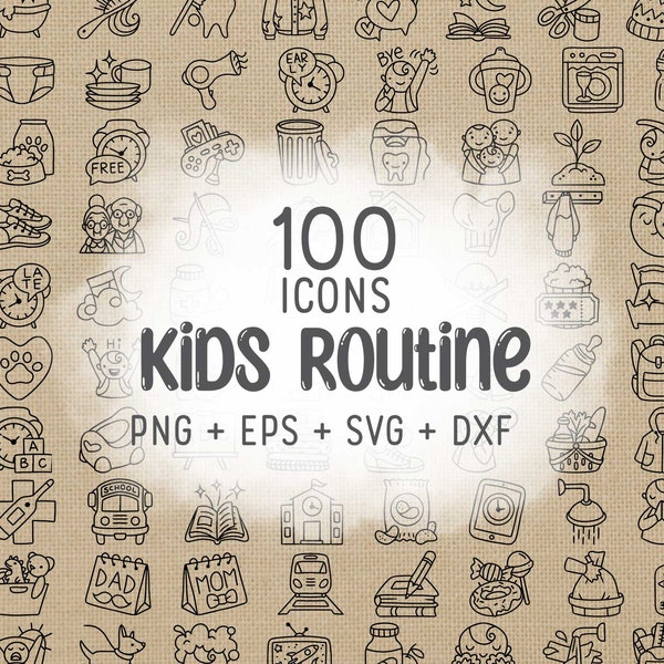 100 Kids Routine STAMP Icons Vector - School Icons Clipart - Mom digital sticker, Chores Icons, planner, scrapbook, craft, planner clipart