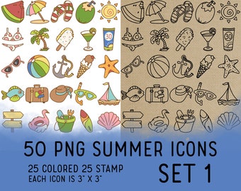 50 Summer Icons Set 1 - Icons Clipart -  Icons Digital Stamp - Icons for  Planner Sticker, scrapbook, craft, planner clipart