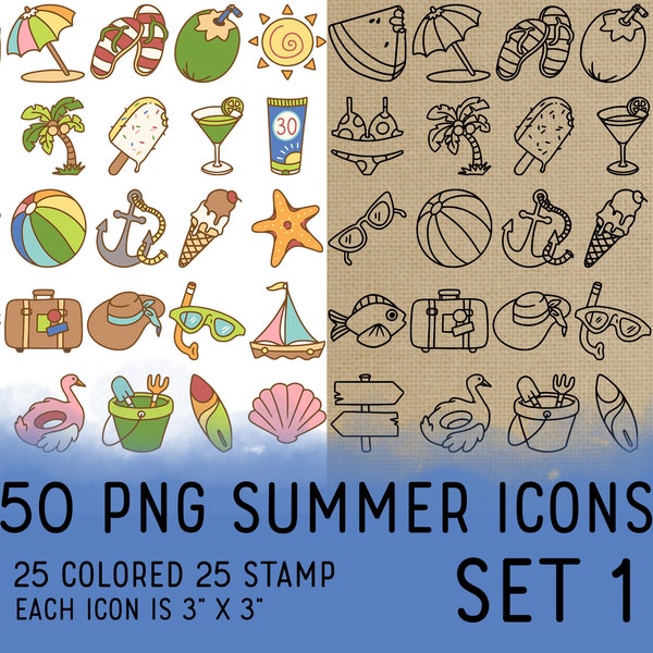 50 Summer Icons Set 1 - Icons Clipart -  Icons Digital Stamp - Icons for  Planner Sticker, scrapbook, craft, planner clipart