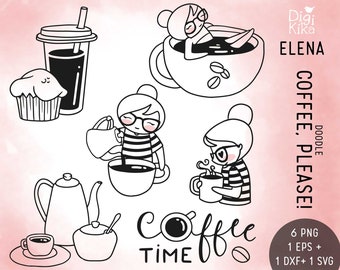 Planner Girl Elena Coffee, Please - Coffee Clipart - Digital Stamp - Planner Stickers, scrapbook , journal, invitation, paper crafts