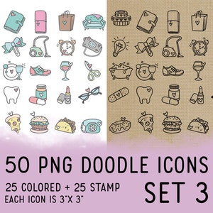 50 Doodle Icons Set 3 - Icons Clipart -  Planner Icons Digital Stamp - Icons for  Planner Sticker, scrapbook, craft, planner clipart