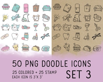 50 Doodle Icons Set 3 - Icons Clipart -  Planner Icons Digital Stamp - Icons for  Planner Sticker, scrapbook, craft, planner clipart