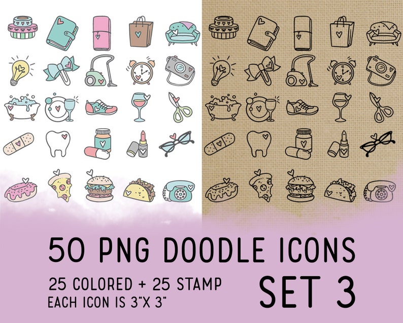 50 iconos de Doodle Set 3 Iconos Clipart Planner Iconos Sello Digital Iconos para Planner Sticker, scrapbook, craft, planner clipart imagen 1
