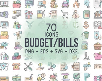 70 Budget Bills Color Icons Clipart Bundle -  Finances Planner Icons Digital - Planner Sticker Icons, scrapbook, craft, planner clipart