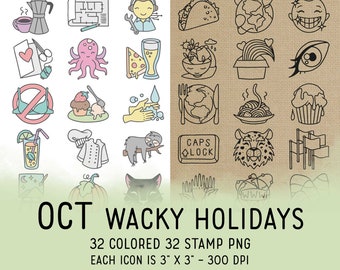 OCTOBER Wacky Holidays Icons PNG - Color and Stamp Icons Clipart - Digital Icons for Planner Sticker, scrapbook, craft, planner clipart