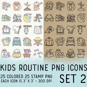 50 Kids Routine Icons Set 2 - Mom Icons Clipart -  School Digital - Icons for Planner Sticker, Highlight, scrapbook, craft, planner clipart