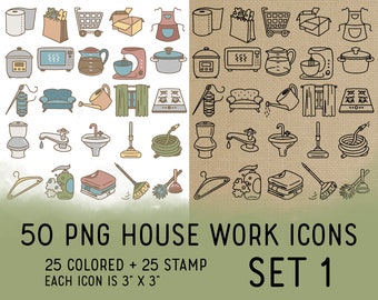 50 Housework Icons Set 1 - Icons Clipart -  Chores Digital Stamp - Cleaning Icons for Planner Sticker, scrapbook, craft, planner clipart