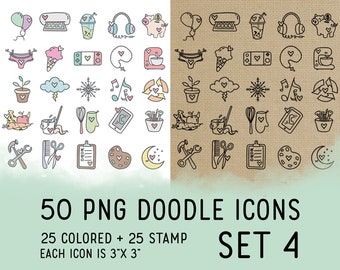 50 Doodle Icons Set 4 - Icons Clipart -  Planner Icons Digital Stamp - Icons for  Planner Sticker, scrapbook, craft, planner clipart