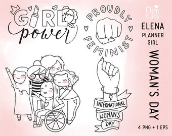 Elena Planner Girl - Woman's Day Clipart  -  Girl Power Digital Stamp - Character clipart, scrapbook, craft, planner clipart, coloring