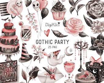 Gothic Party Watercolor Clipart, Hand Painted Birthday Clip Art, Stickers Clipart, Sticker Graphics, Hand Draw, Planner Supplies, Crafts