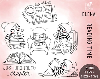 Planner Girl Elena Book Lover - Books Clipart - Digital Stamp - Planner Stickers, scrapbook , journal, invitation, paper crafts