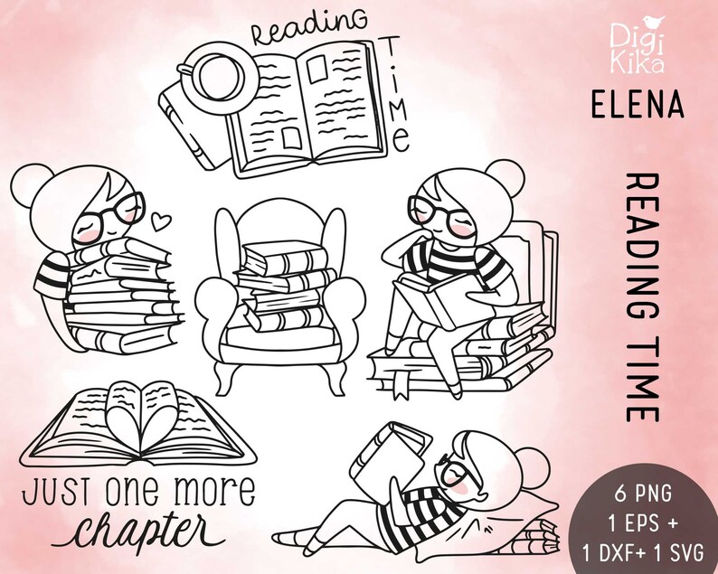 Planner Girl Elena Book Lover Bücher Clipart Digital Stamp Planer Sticker, Scrapbook, Journal, Einladung, Papier basteln Bild 1