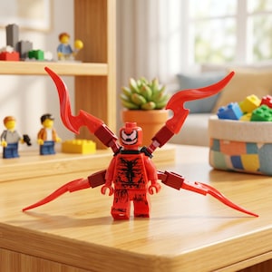 Peut inclure: Une figurine Lego rouge avec un motif graphique noir sur le torse et un visage blanc et noir. La figurine a des extensions rouges en forme d'ailes. D'autres figurines et blocs Lego sont en arrière-plan.